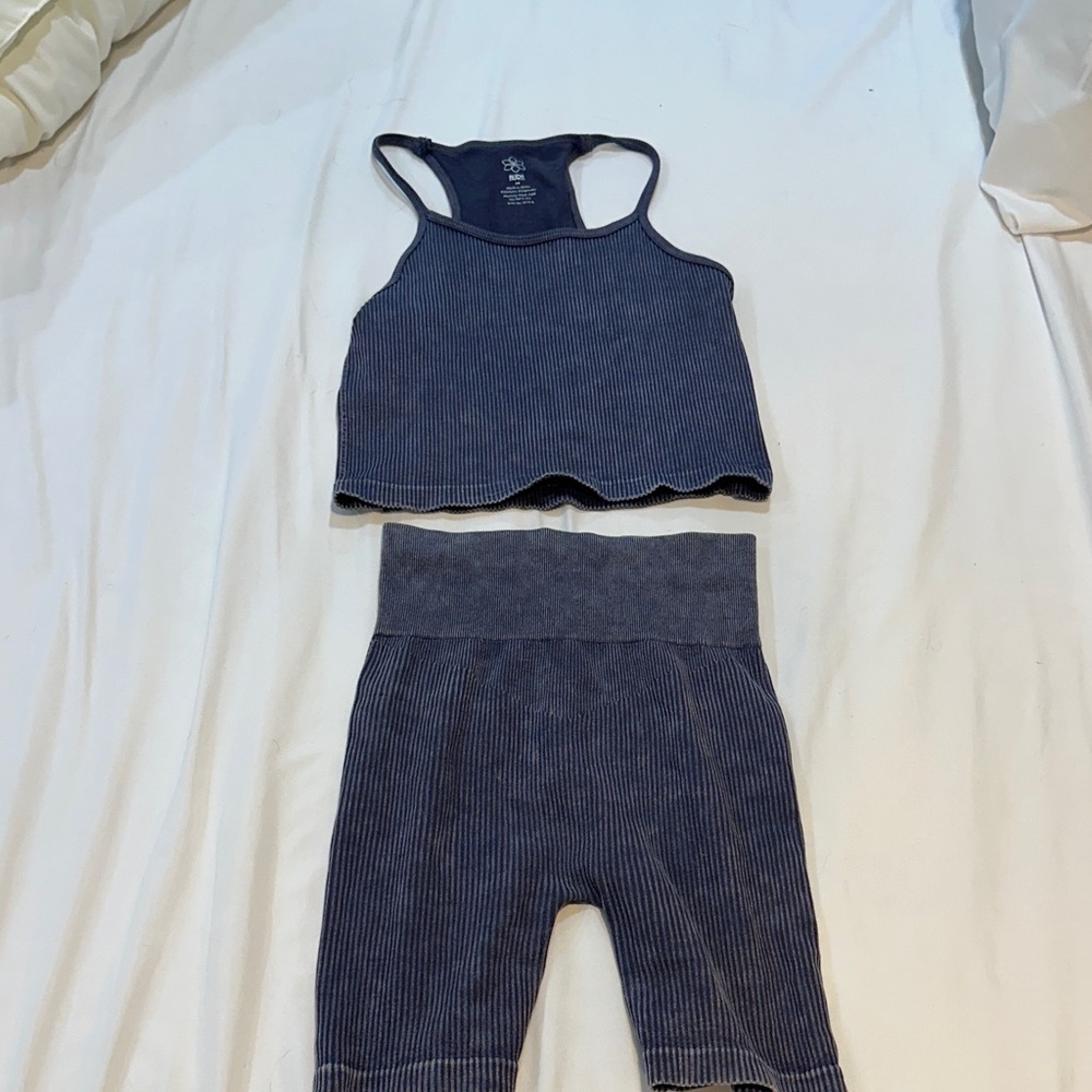 Blue Ribbed Tank and Shorts Set